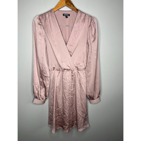 Express Satin Surplice Neck Long Sleeve Belted Wrap Dress in Color Pink Size S - Picture 4 of 5